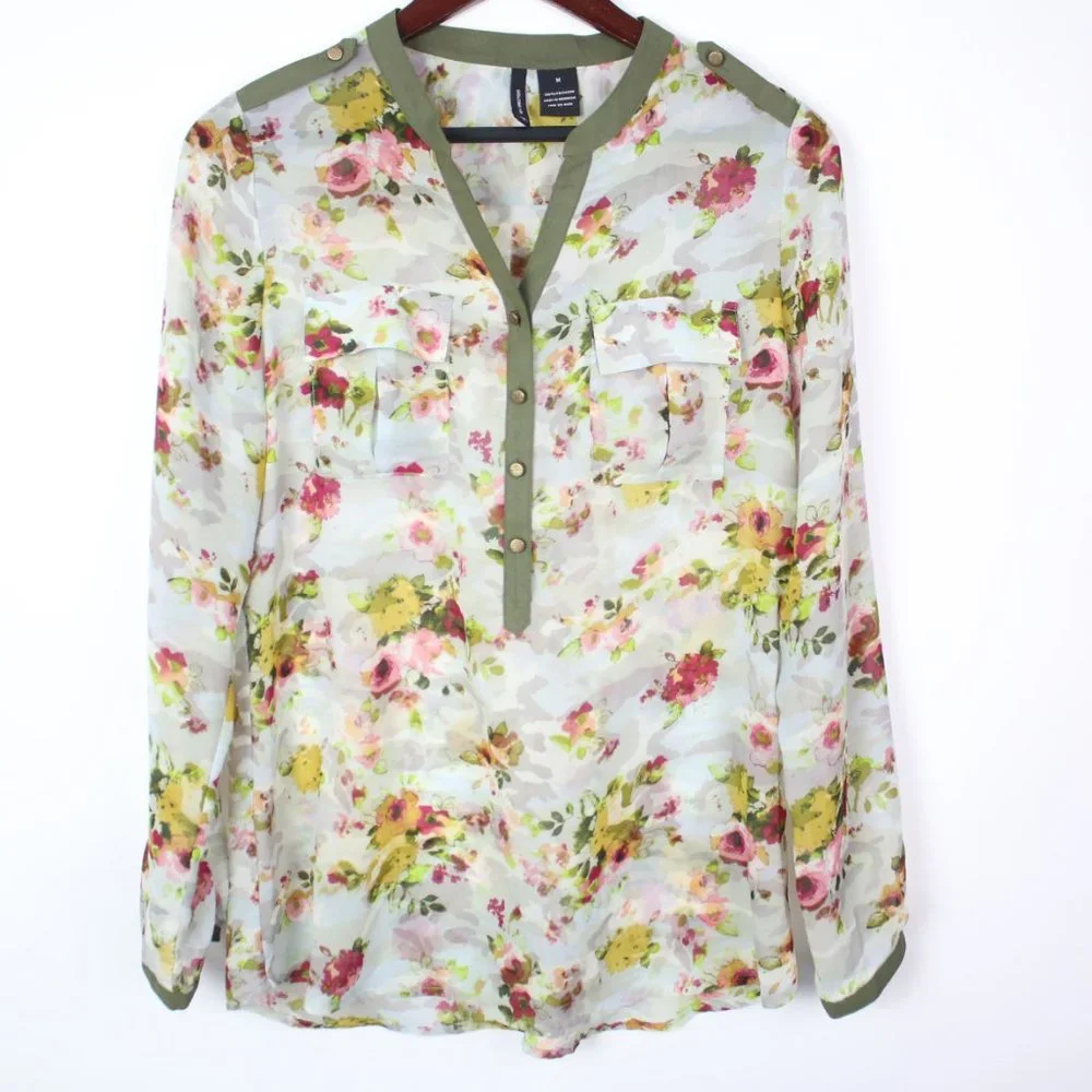New Directions Womens Medium Floral Sheer Pocket Popover Blouse Top - Picture 4 of 6